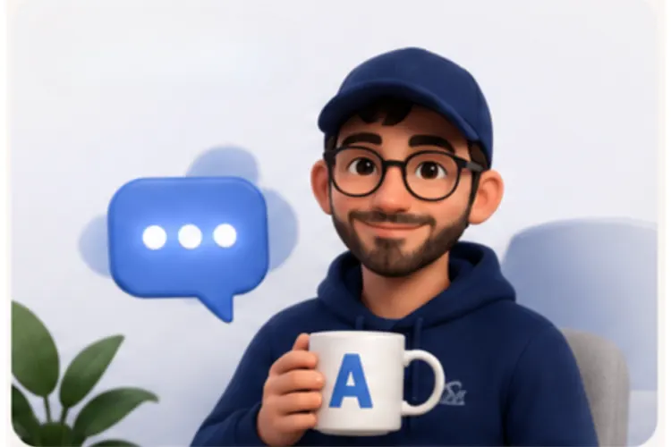 Illustration coaching : Alex avec un mug et une bulle de discussion